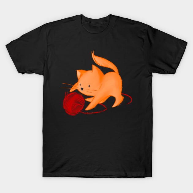 Cute Cat playing with ball of yarn - black T-Shirt by Uwaki